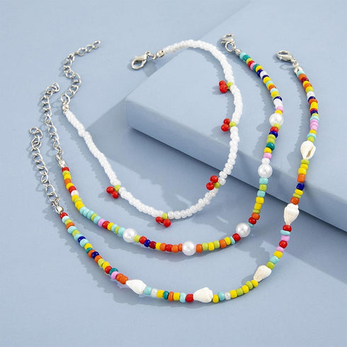 Handmade Pearl Anklet Bracelet Boho Conch Cherry Rainbow Beads Anklet Ankle Chain Elastic Pearl Beach Foot Chain Multi-Layered Anklet 3Pcs Set Foo...
