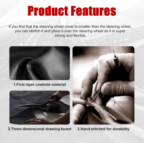 Leather Steering Wheel Cover, Stitch On Wrap, Breathable Anti-Slip Car Steering Wheel Protector for Max Diameter 15'', DIY Sewing with Needle Thre...