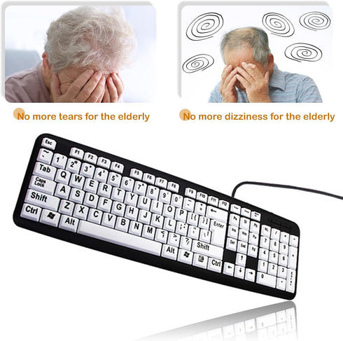 104 Keys Low Vision Elderly Keyboard, Large Font Print USB Wired Keyboard QWERTY Layout Old People Keyboard with White Large Print Keys Oversize L...