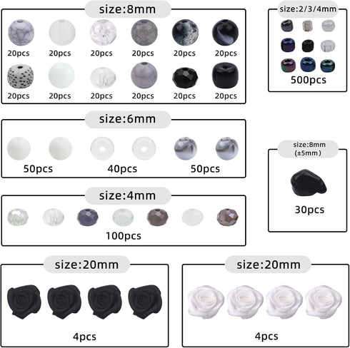 1018pcs Beads for Jewelry Making 8mm Glass Beads Black White Color Round Loose Spacer Beads for DIY Craft Bracelet Necklace Earring...