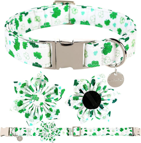St. Patrick's Day Dog Collar with Flower, Cotton Flower Collar for Extra Large Girl Boy Dog, Durable Metal Buckle Pet Collar with Lucky Shamrock, ...