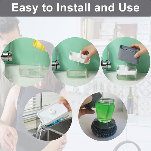 Kitchen Dish Soap Dispenser with Sponge Holder,Sink Countertop Organizer,4-in-1 Upgrade Set,Kitchenware Soap Dispenser Brush,Silicone Tray,Dishwas...