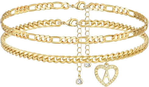 YANODA Initial Ankle Bracelets for Women 14K Gold Plated Layered Figaro Cuban Chain Letter Initial Anklets Handmade Letter A-Z Gold Anklets for Wo...