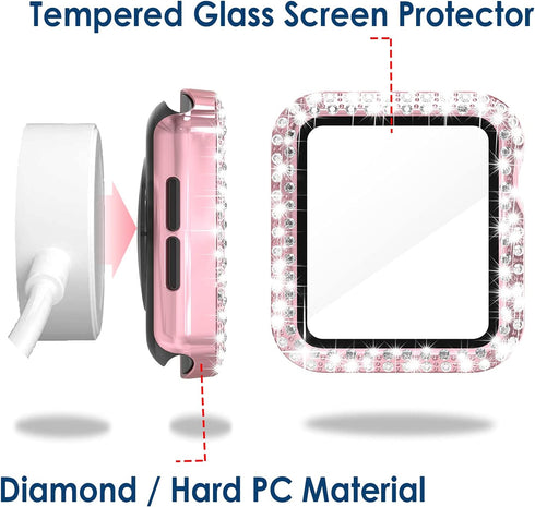 4 Pack Bling Hard PC Case with Tempered Glass Screen Protector Compatible with Apple Watch 44mm Series 6 Series 5 Series 4, Ultra-Thin Crystal Bum...