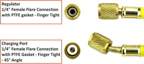 Refrigeration Hose - 60" (150cm) - Working Pressure: 800 PSI -1/4" Female Flare Brass Knurled Fittings with PTFE Gasket Seats - 45° Angle Connecto...