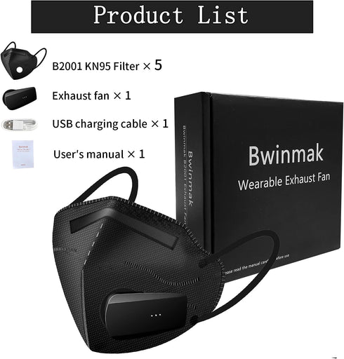 Bwinmak Fashion Wearable Air Purifier Usb Exhaust Fan for Maskes,for Cooking,Training,Running,Cycling,Outdoor Sports (Black Fan,Full Set)...