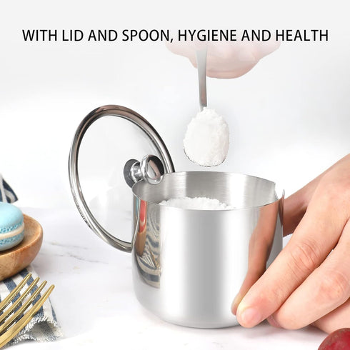 Stainless Steel Sugar Bowl with Clear Lid(for better recognition) and Spoon, Polished Shiny Condiment Pots for Serving Sugar Pepper Salt Spice- 10...