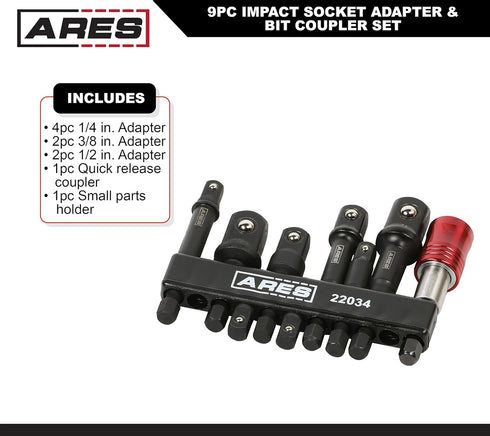ARES 22034 – 9-Piece Impact Grade Socket Adapter and Bit Coupler Set - Turns Impact Drill Driver into High Speed Socket Driver - 1/4-Inch, 3/8-Inc...