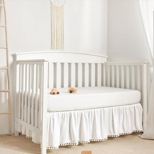 TILLYOU Baby Crib Skirt Girls Boys, Ruffled Bed Skirt with Pompoms, 28”x 52”, 14'' Drop, White...