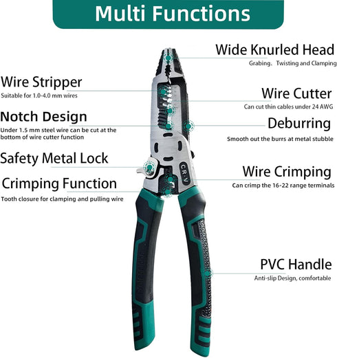 10-in-1 Wire Stripper Tool,Wire Strippers,Cable Cutters,CR-V Multifunctional Plier with Wire Stripper Crimper Side Cutter, Shearing,Screw Gripping...