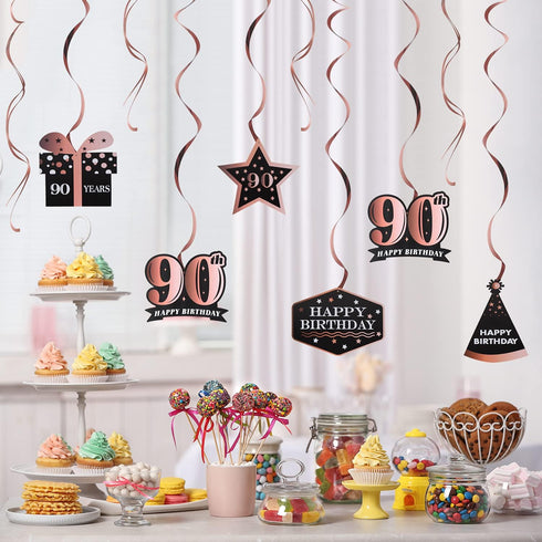 LINGTEER Happy 90th Birthday Decorations - 12 Pcs Birthday Black & Rose Gold Foil Swirls Streamer Set,Cheers to Ninety Years Old Bday Party Gift D...