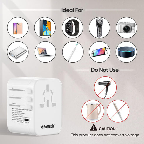 ROMECH Universal Travel Adapter, 5.6A Smart Power International Plug Adaptor AC Wall Charger for Global Travelling USA Europe EU UK AUS (Type C + ...