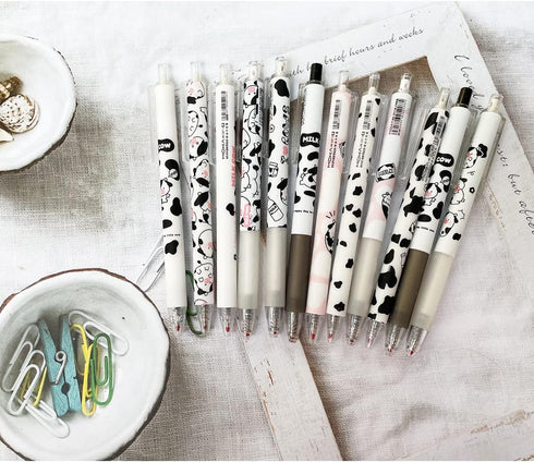 12 Pcs Cute Cow Pen, 0.5mm Black Retractable Gel Ink Pens, Cartoon Gel Ink Pens Set, Cow Print Pens Kawaii for Office School Supplies, Gifts for B...