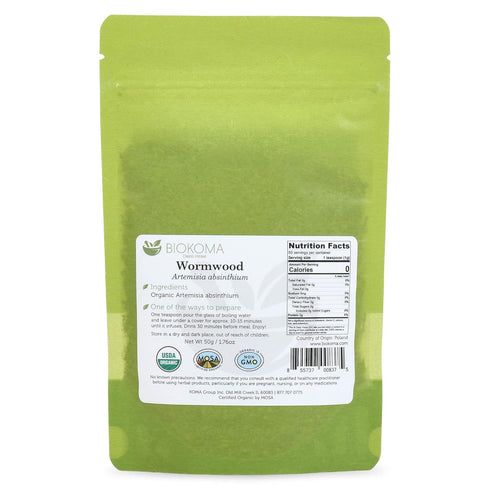 Biokoma Pure and Organic Wormwood Dried Herb 50g (1.76oz) In Resealable Moisture Proof Pouch, USDA Certified Organic - Herbal Tea, No Additives, N...