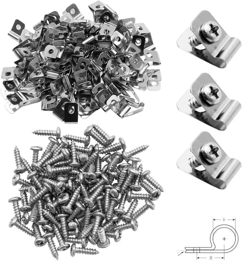 100Pcs Wire Fence Clips w/Screws, Stainless Steel Fencing Mounting Clips, 2.5mm Diameter Cattle Panel Clips, Screws for 2-6 Gauge, Wire Clip for V...