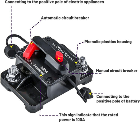RED WOLF 100A Amp Circuit Breaker W/6 Gauge Battery Ring Terminal Connector Manual Reset Switcher for Boat Trolling Motor Marine ATV Car Stereo Au...