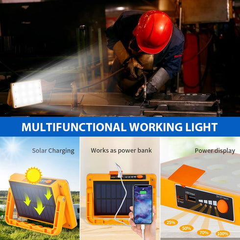 Rechargeable LED Work Light, Portable Solar Flood Light,3 Colors 3 Dimming Levels, SOS Power Bank Function, for Camping Emergency Job Site Lightin...
