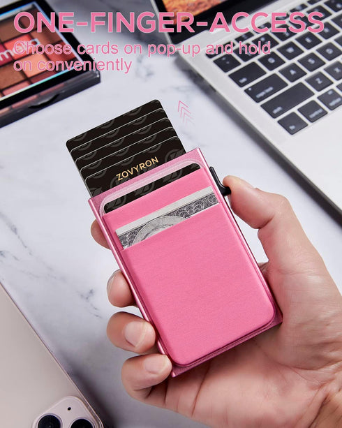 Minimalist Small Wallet Women Slim Pop Up Wallet Card Holder Wallet with Money Pocket, RFID Blocking Pink Smart Wallet Metal Card Case...