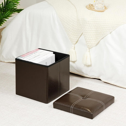B FSOBEIIALEO Folding Storage Ottoman, Faux Leather Footrest Seat Coffee Table Toy Chest Kids, Brown 11.8"x11.8"x11.8"...