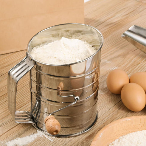 Flour Sifter, 3 Cup Flour Sifter for Baking Fine Mesh Rotary Hand Crank with Loop Agitator for Quick Sifting, Flour Sifter Stainlees Steel, Crank ...