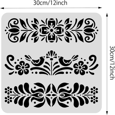 BENECREAT Plastic Folk Decorative Painting Stencil Templates, 12x12inch Floral Pattern Scandinavian Style Reusable Drawing Stencils for DIY Art Cr...