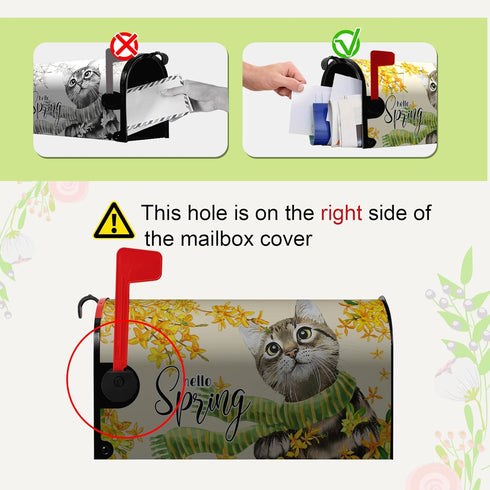 Hello Spring Mailbox Covers Magnetic Standard Size Summer Gold Flowers Cat with Scarf Waterproof Mailbox Wraps Floral Post Letter Box for Courtyar...