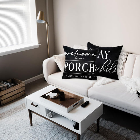 Outdoor Pillow Covers Waterproof 18x18 Set of 2 Black and White Decorative Welcome to Our Porch Stay Awhile Cushion Cases for Patio Furniture Sofa...