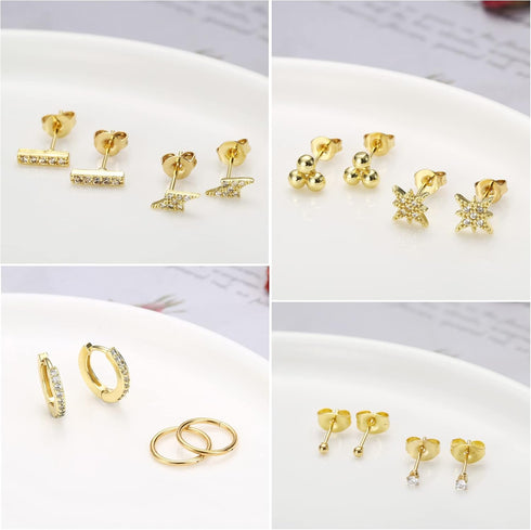 IRONBOX 12Pairs 14K Gold Plated Huggie Hoop Studs Earrings Set for Women Small Dainty Minimalist Chain Earrings Cartilage CZ Ball Earrings Sets fo...