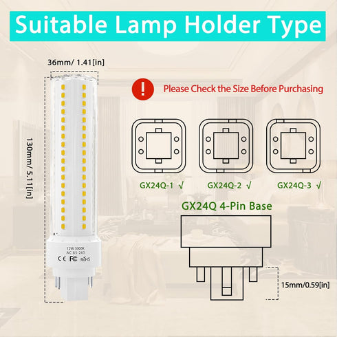 Gx24q/G24q 4-Pin Base Light Bulbs, 12W Gx24 LED PL Recessed Lights, Daylight 6000K 26W CFL Replacement for Ceiling Light Downlight Wall Sconce, 4-...