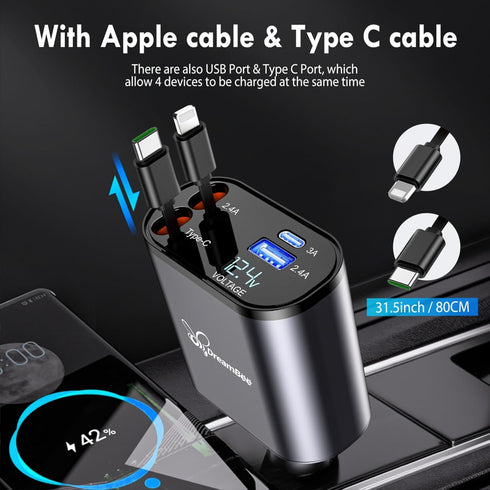 Retractable Car Charger,66W 4 in 1 Super Fast Charge Car Phone Charger,Retractable Cables (31.5 inch) and 2 USB Ports Car Charger Adapter for iPho...