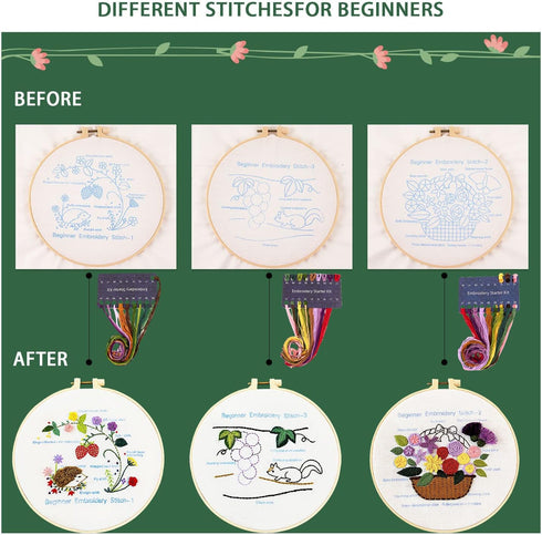 MAMUNU Embroidery Stitch Practice Kits, 3 Sets Animal Flower Stamped Pre Printed Cross Stitch Kits, Full Range of Embroidery Starter Kit with Hoop...