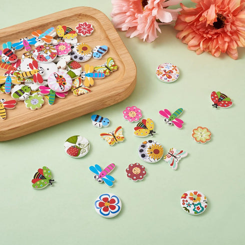 300Pcs Painted Wooden Buttons Insect Theme Poplar Wood Buttons Flower Dragon Fly Butterfly Bee Ladybugs Round Sewing Buttons with Floral Patterns ...