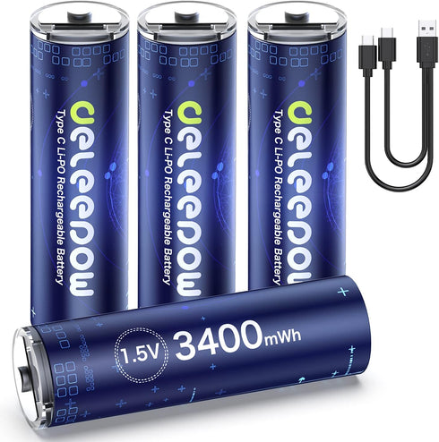 Deleepow Rechargeable AA Batteries USB 3400mWh AA Lithium Rechargeable Batteries 1500 Cycle with USB C Cable 4-Pack...