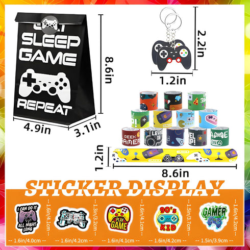 110 Pcs Video Game Party Favors, Gamer party Favors - 12 sets of Gaming Birthday Goodie Bags Included Gift Bags, Game Keychain, Slap Bracelet, Sti...