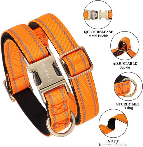 Reflective Dog Collar,Metal Buckle Soft Neoprene Padded Breathable Nylon Pet Collar Adjustable for Small Medium Large Boys Girls Dogs (Orange, Lar...