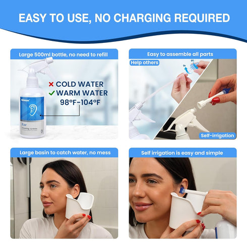 Ear Wax Removal - Ear Wash Kit w/500ml Spray Bottle, Big Basin & 20 Comfortable Reusable Tips - Safe & Effective Earwax Remover w/Rigid Pipe & Fle...