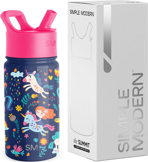 Simple Modern Kids Summit Water Bottle with Straw Lid | 14oz Stainless Steel Cup Insulated Tumbler Tumbler for Girls, School | Unicorn Rainbows...