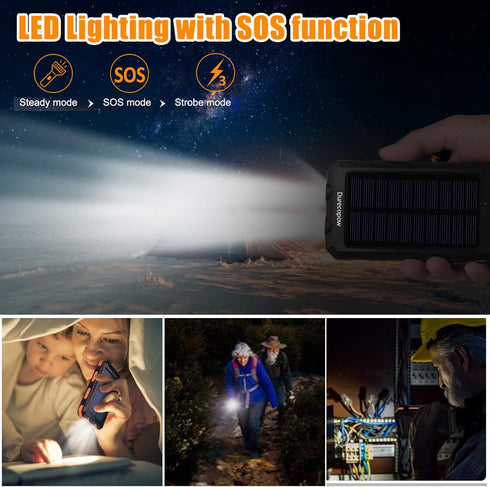 Solar Charger, 20000mAh Portable Outdoor Waterproof Solar Power Bank, Camping External Backup Battery Pack Dual 5V USB Ports Output, 2 Led Light F...