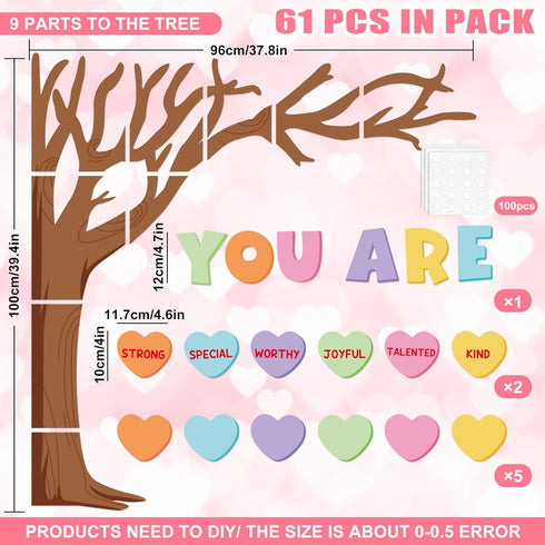 61Pcs Valentine's Day Classroom Bulletin Board Set Classroom Decoration Conversation Candy Heart Tree Cutout with Glue Points for School Wall Door...