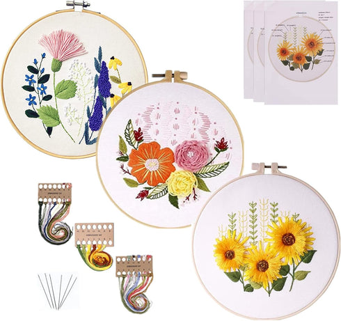 Mozzyyee 3 Sets Embroidery Starter Kit for Beginners Adults Include 3 Embroidery Clothes with Floral Pattern Instructions Hoops Floss Thread Fabri...