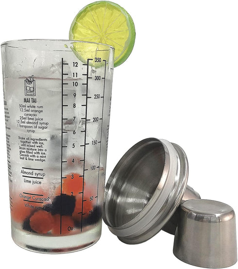 Cocktail Shaker, 12oz Glass Martini Shaker, Recipes Measured Mixing Stainless Steel Top Cobbler Shaker...