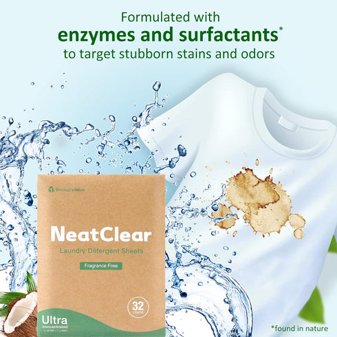 Eco Laundry Detergent Sheets - Travel Size Liquidless Soap Sheets - Fragrance Free (32 Loads) - Plastic Free Laundry Strips Eco Friendly NeatClear...