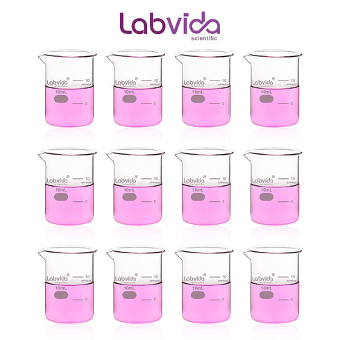 Upgrated 10ml Beaker set, 12pcs of beaker shot glasses, Low Form Glass Beakers set, 3.3 Boro with Printed Graduation, LVA036...