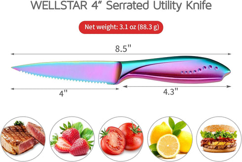 WELLSTAR Utility Knife, 4 Inch Serrated Paring Knife with Super Sharp Rainbow High Carbon Stainless Steel Blade for Fruit Vegetable Cutting Peelin...