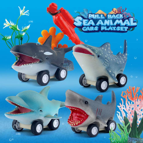DINOBROS Sea Animal Pull Back Toy Cars Playset Ocean Game Set of 12Pcs Great White Shark Dolphin Killer Whale Toys for boys and toddlers 3 Year Ol...
