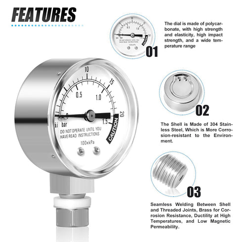MEANLIN MEASURE Stainless steel pressure cooker gauge,0-20Psi 2" DIAL FACE 3/8" UNC steam pressure gauge?Pressure tank table (includes washer, was...