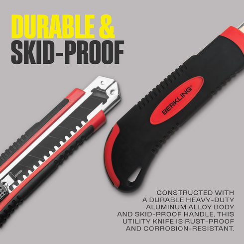 Berkling 18mm Retractable Utility Knife with 4x SK2H Snap Off Black Spare Blades (18mm 1 PACK)...