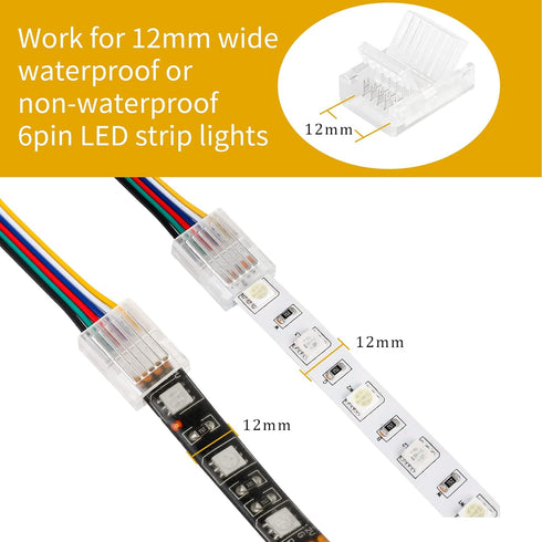 6 Pin LED Strip Connectors Solderless 10 Pack with 16.4ft Extension Cable 6 Conductor for Waterproof or Non-Waterproof 12mm Wide LED Strip Lights,...