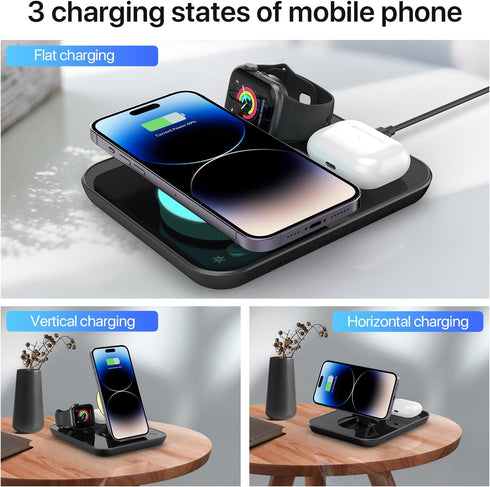 Wireless Charger, 4 in 1 Fast Charging Station,Colorful Night Light,Qi Foldable Magnetic Wireless Phone Charger Stand for iPhone, Apple iWatch, Ai...