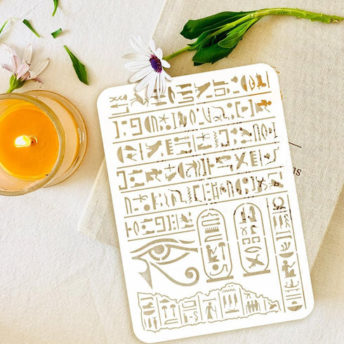 FINGERINSPIRE 2 Pcs Egyptian Hieroglyphs Painting Stencil 8.3x11.7 inch Reusable Eye of Horus Pattern Drawing Template Ink Texture Decoration Sten...